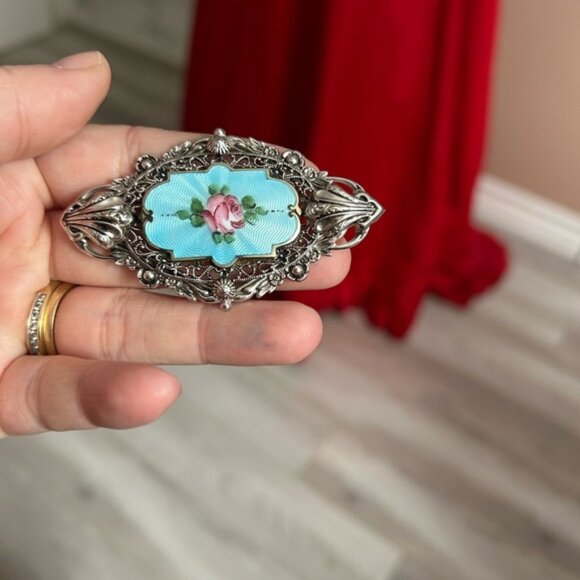 BLUE ENAMEL 1910 Elegant Silver and Blue Floral Brooch 💙 - Picture 2 of 6